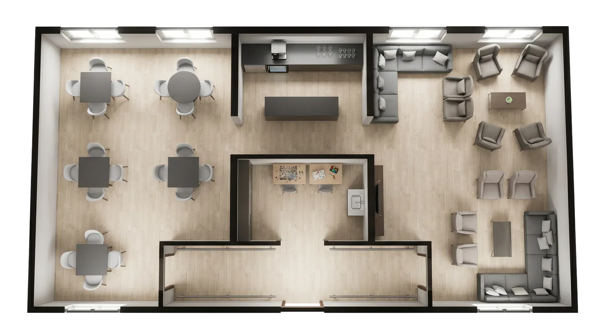 Modular senior living community area with seating, shared lounge space and welcoming social environment