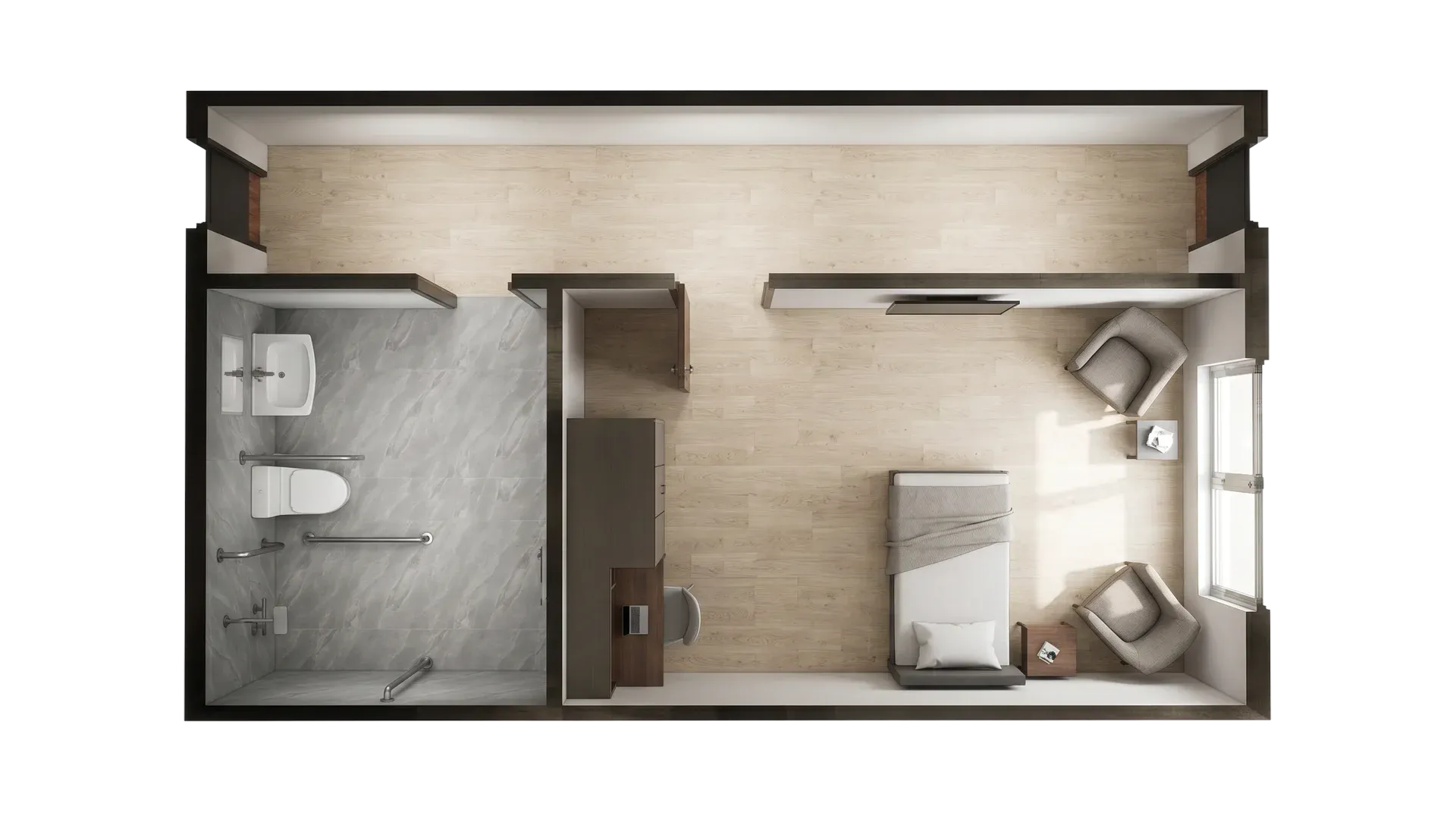 Container senior living accessible bathroom with step-free shower, support rails and safe user-friendly layout