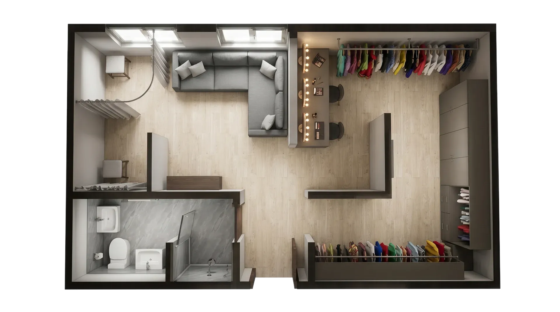 Modular container dressing room for event artist village with mirrors, seating, storage and private backstage setup