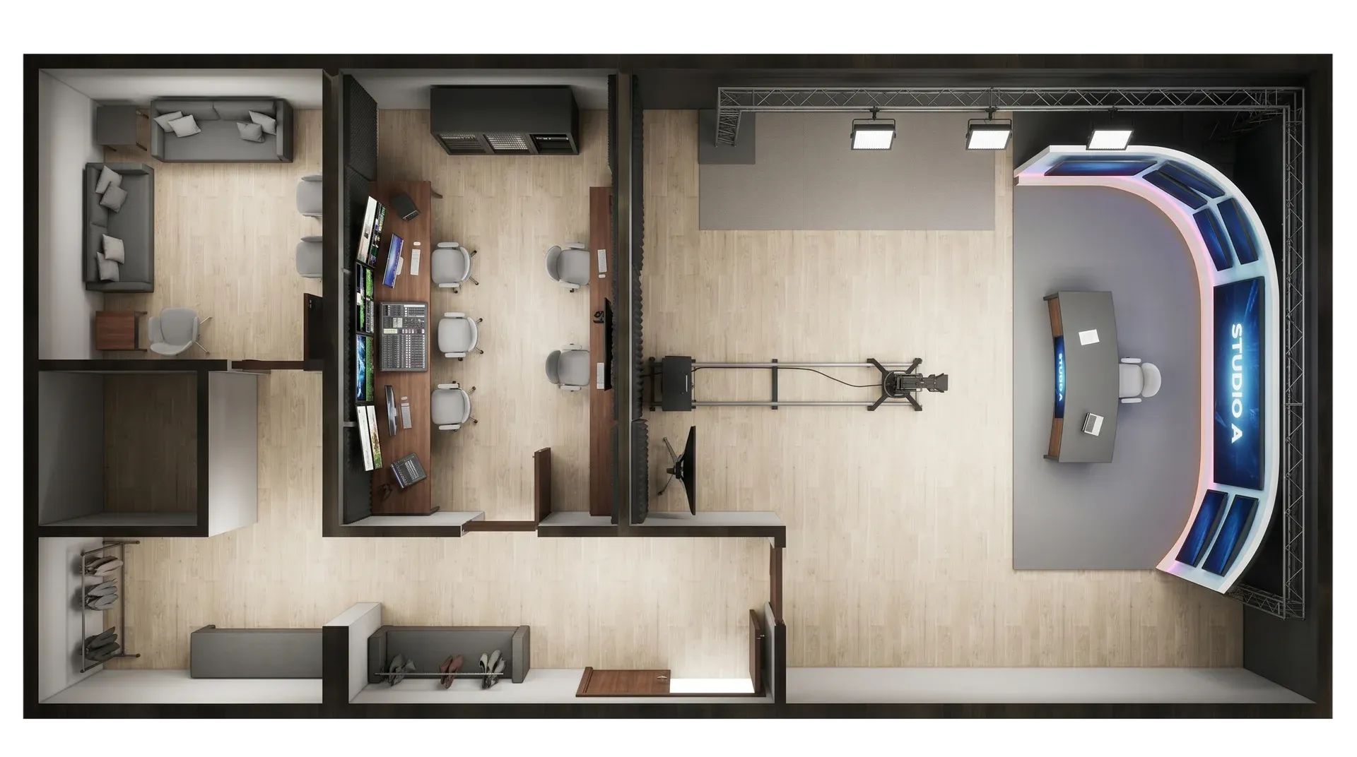 Modular container broadcast room for event media compound with production desks, screens, technical equipment and live broadcasting setup