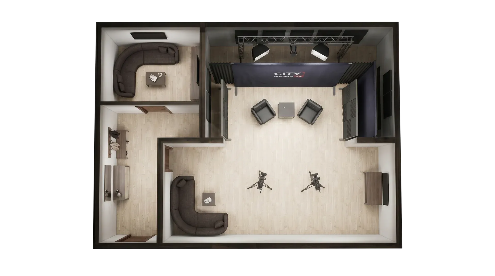 Modular event container interview area for media compound with seating, lighting, backdrop and professional press setup