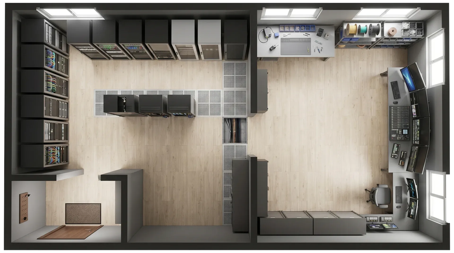 Modular technical container for event media compound with broadcast equipment, server racks, control systems and cable management setup