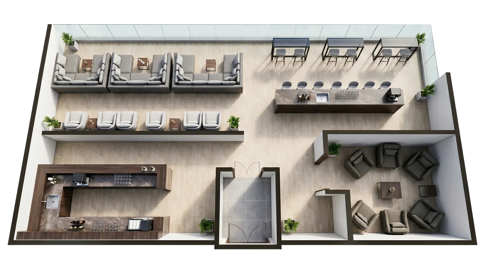 Modular container viewing deck for VIP event hospitality with elevated platform, railings, guest area and festival viewing setup
