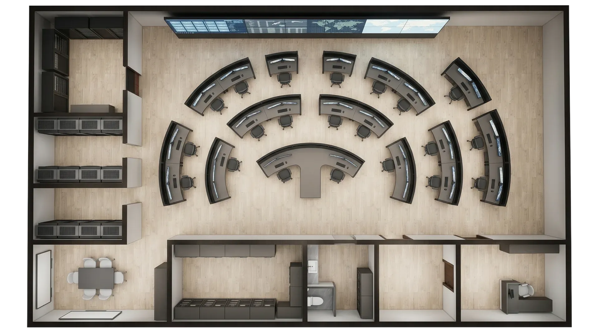 Modular container control center for event security with operator desks, screens, radios and command infrastructure