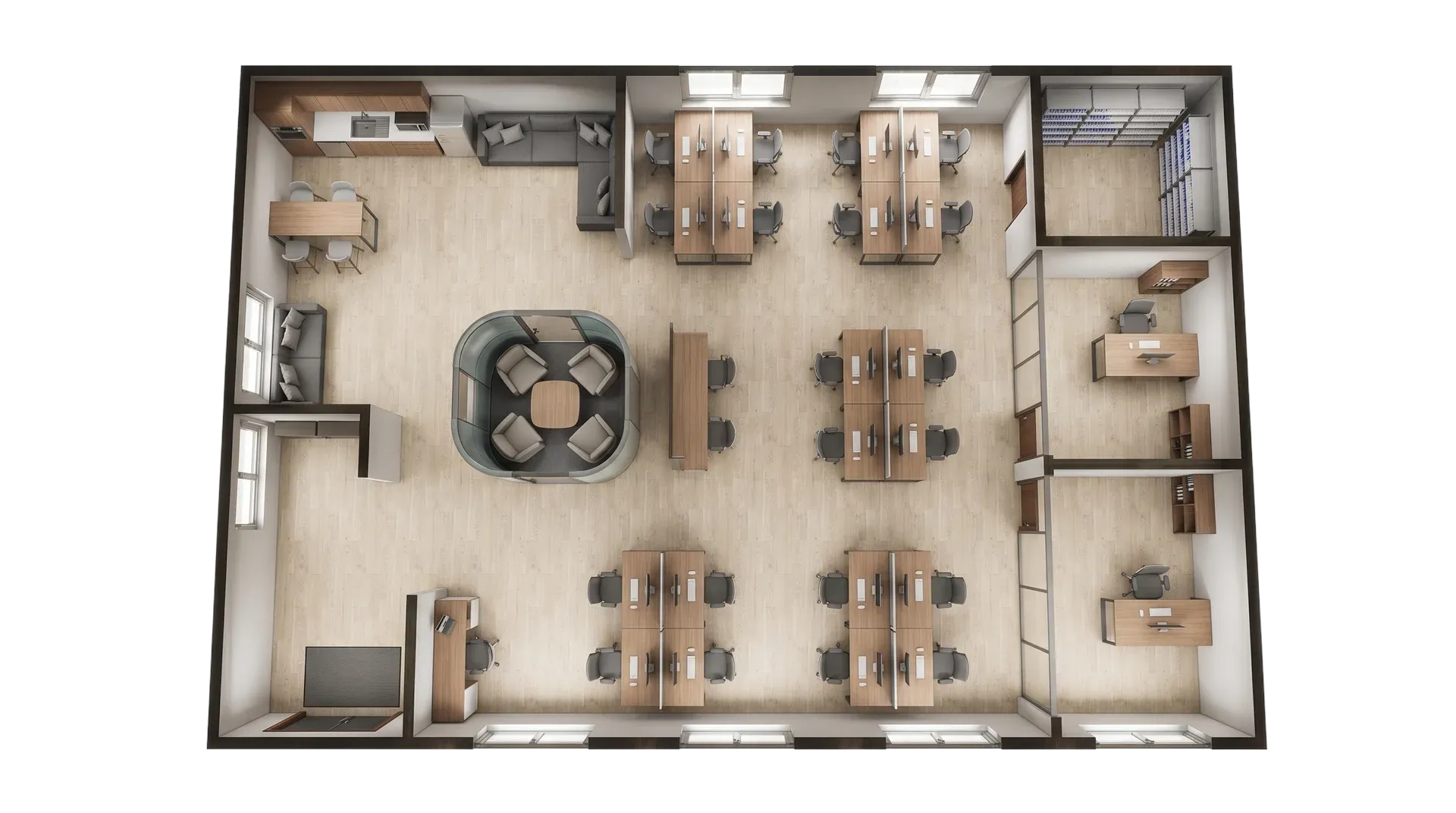 Industrial modular container open office with desks, workstations, storage and practical site office setup