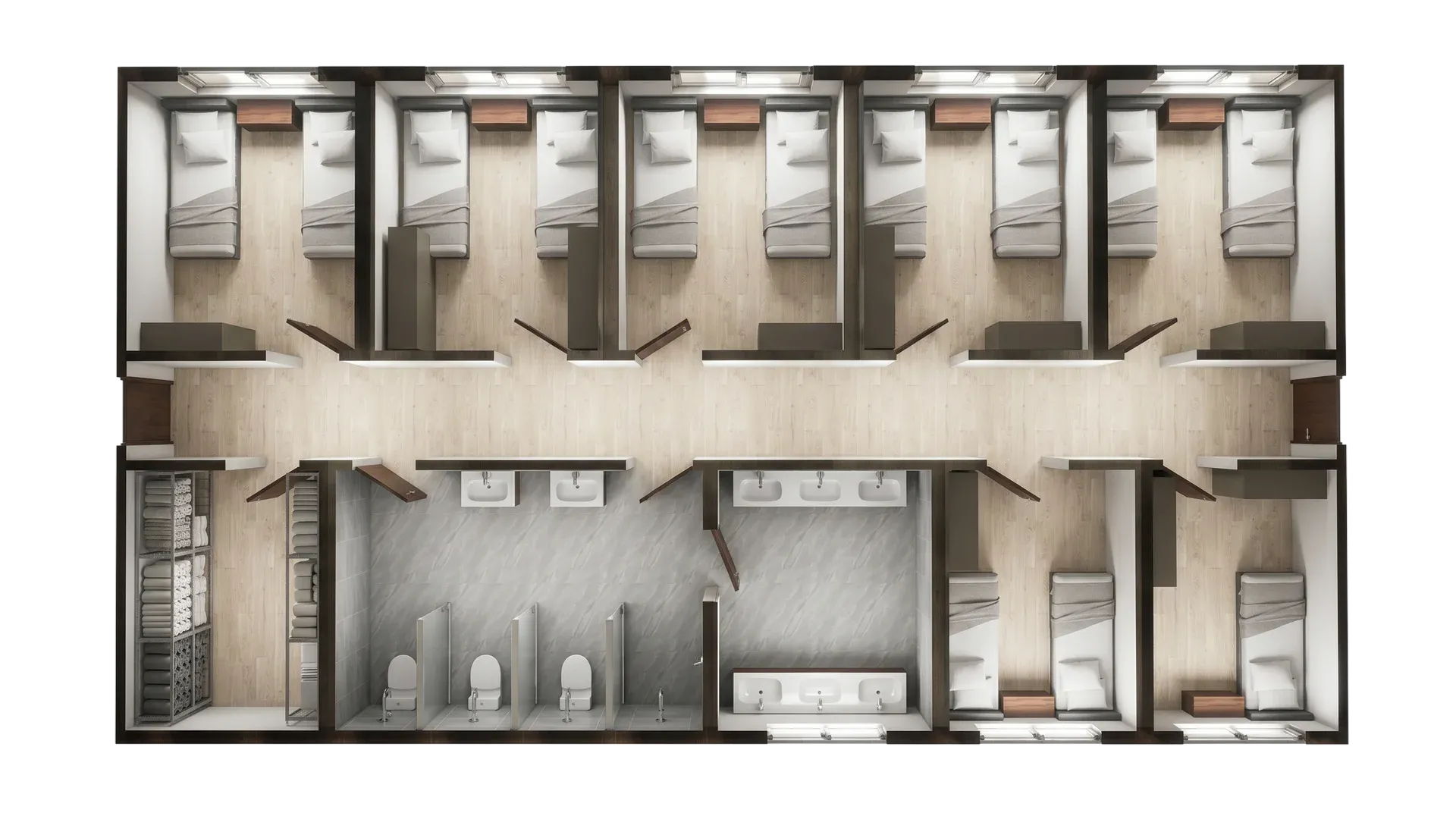 Industrial modular container sleeping room with beds, storage, lighting and practical workforce accommodation setup