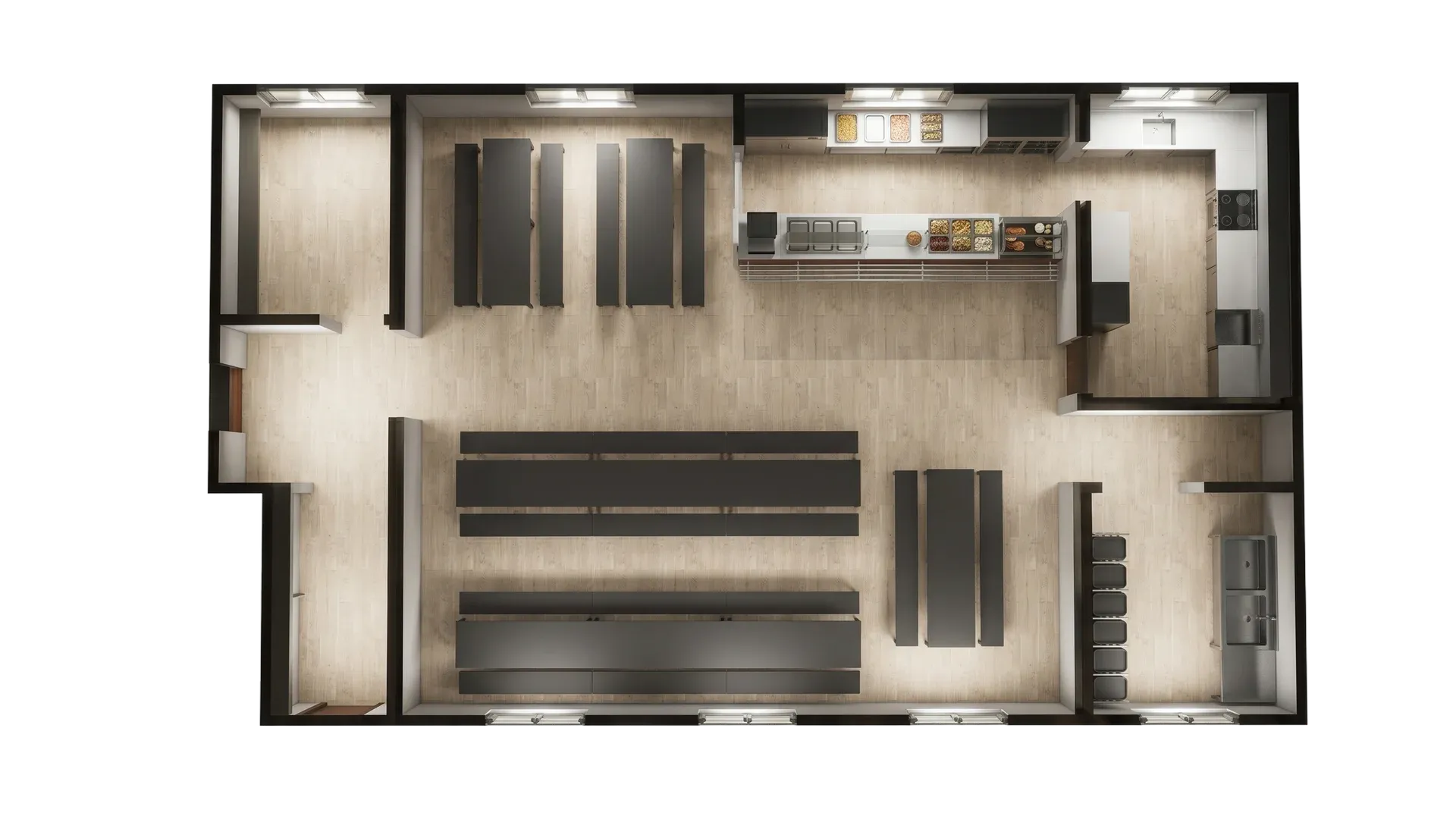 Industrial modular container dining area with tables, seating, catering access and practical workforce meal space