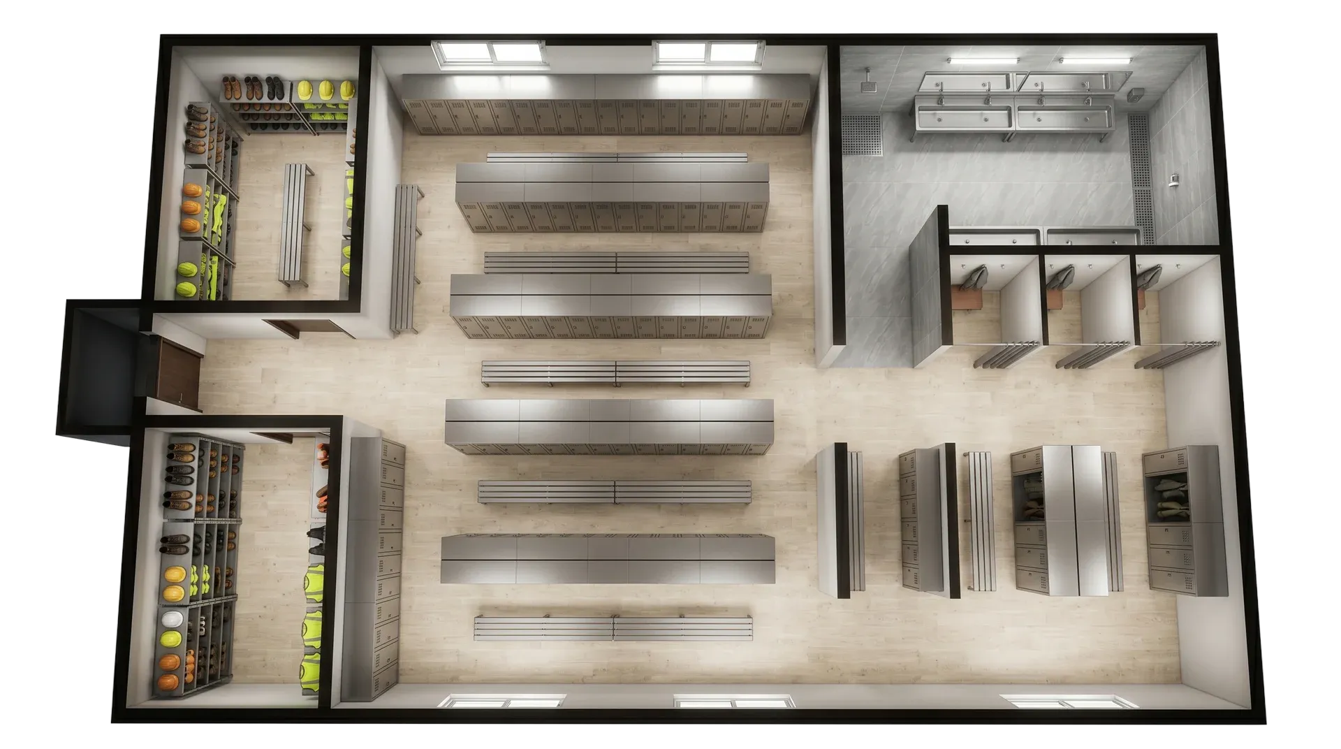 Industrial modular container locker room with secure lockers, benches, changing space and practical workforce facility setup