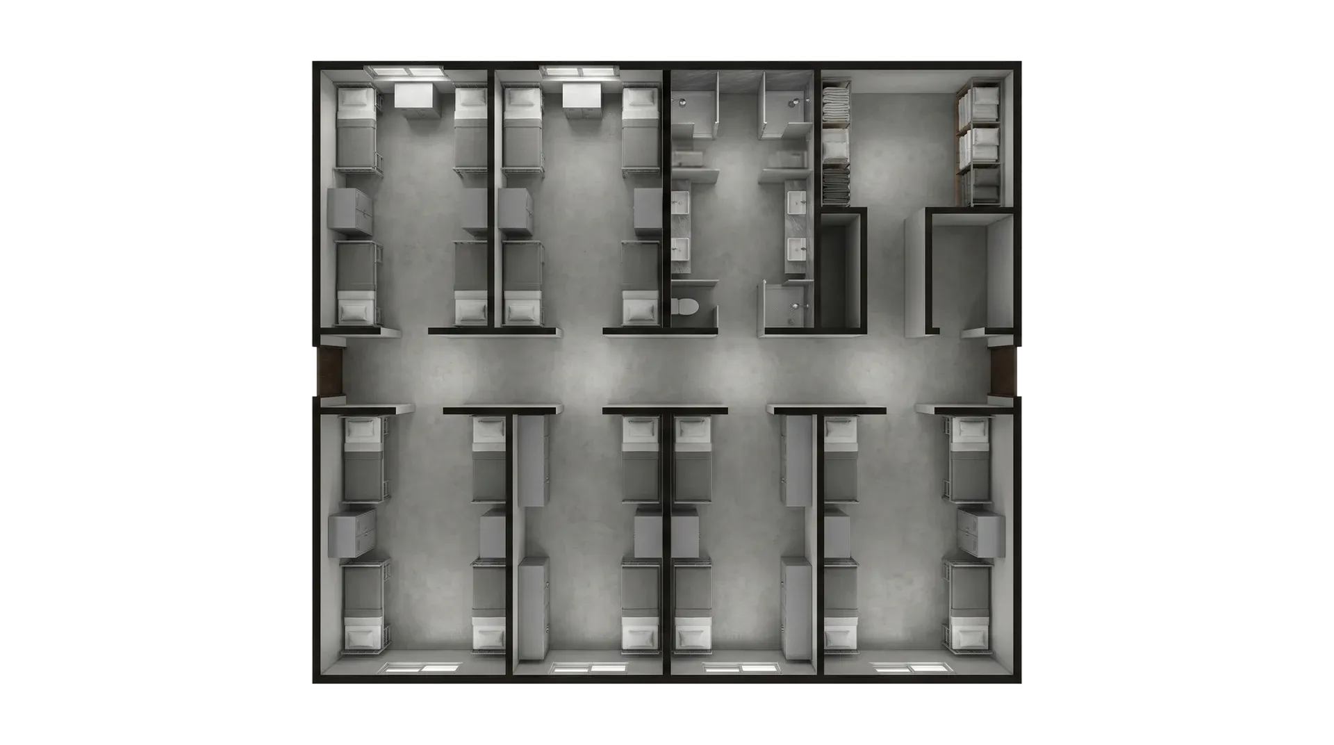 Modular emergency housing sleeping unit with beds, storage and practical temporary accommodation layout