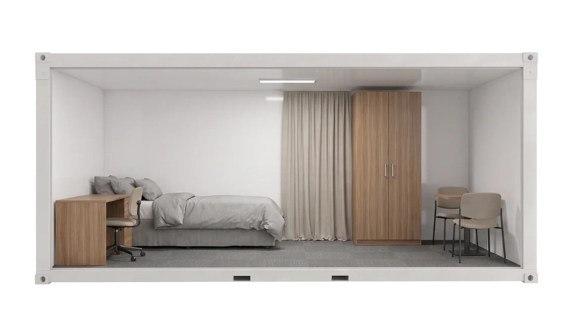 Zimmeraufteilung mit Bett, Kleiderschrank und Sitzgelegenheiten.