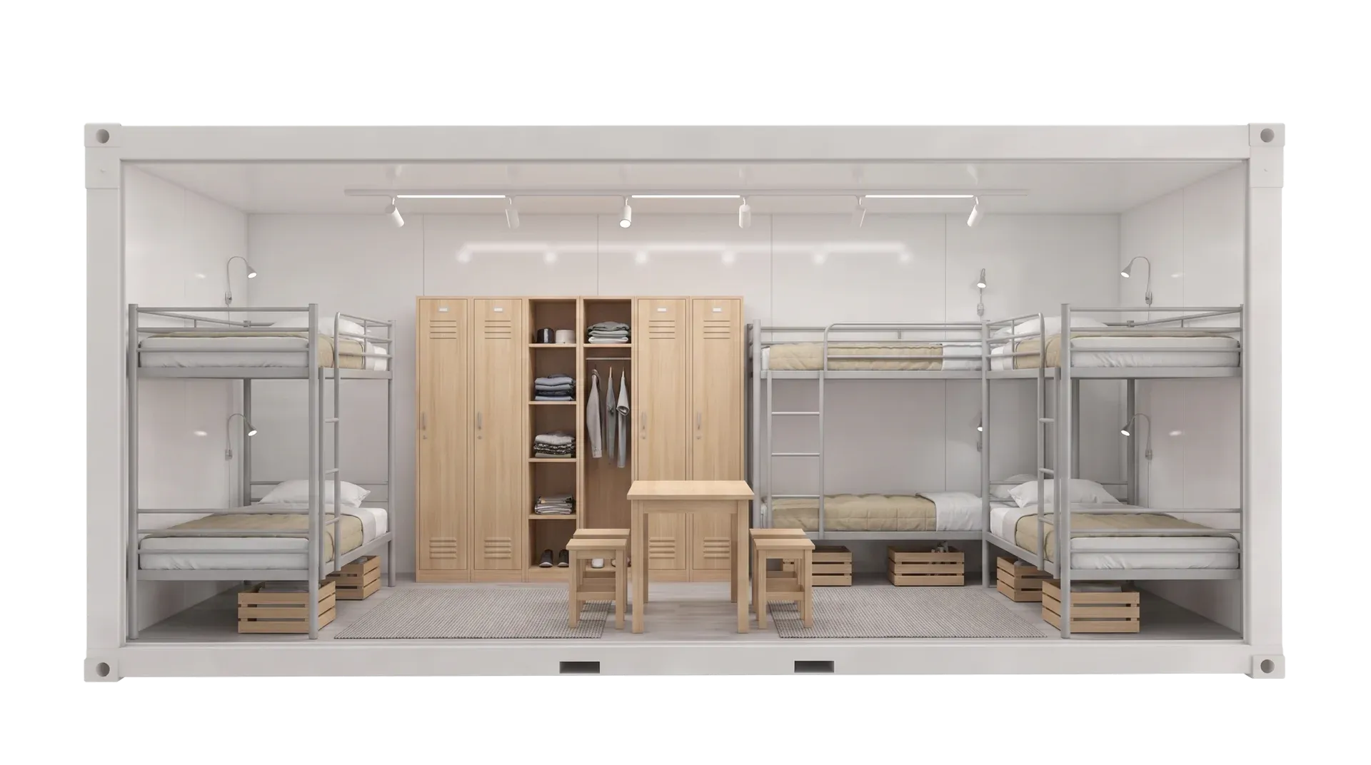 Dormitory layout with a bed, wardrobe and areas to sit down.