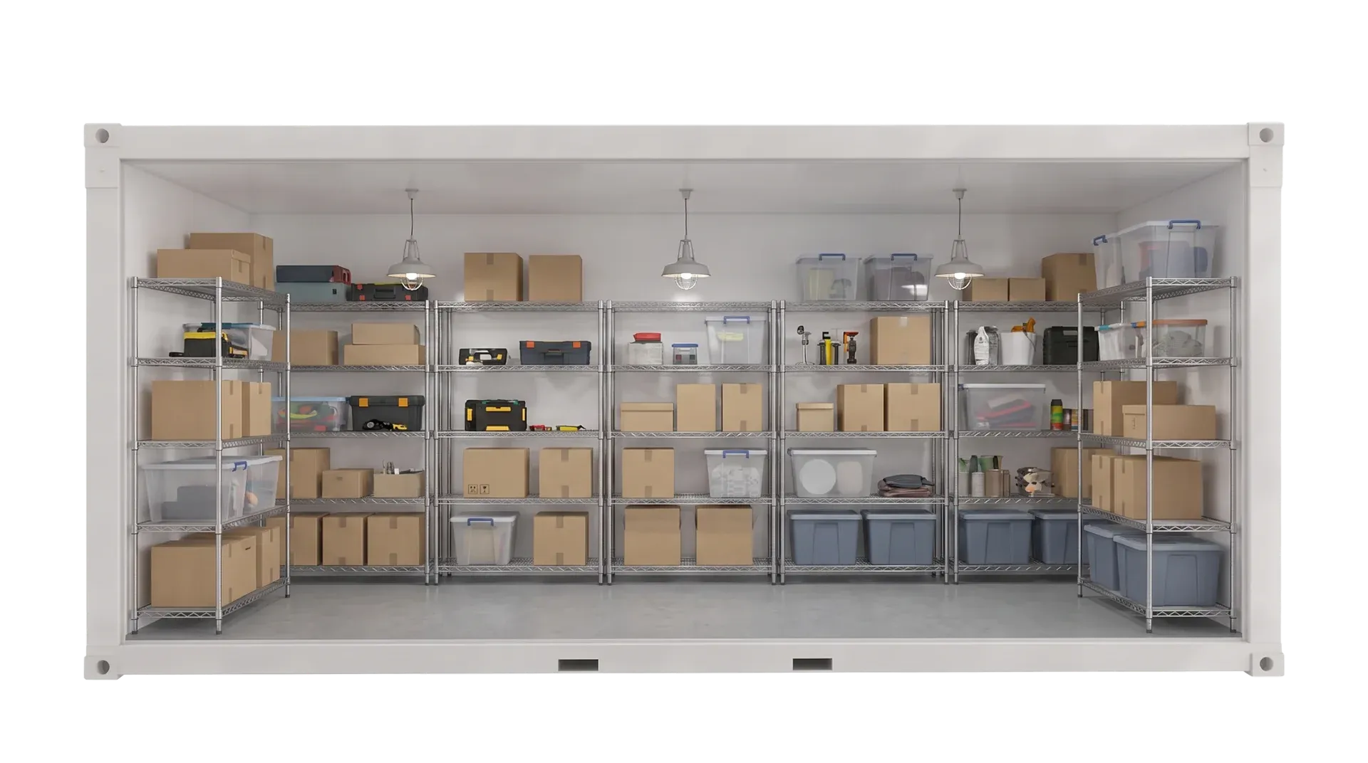 Storage unit with shelves and equipment