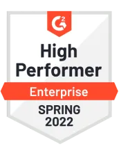 G2 High Performer Enterprise Spring 2022 award badge in red, white, and gray colors.