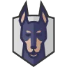Stylized illustration of a Doberman dog's head inside a shield-shaped frame.