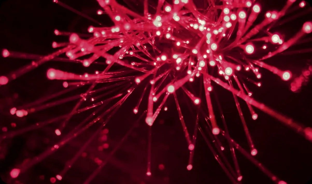 Close-up of red glowing fiber optic strands emitting light.