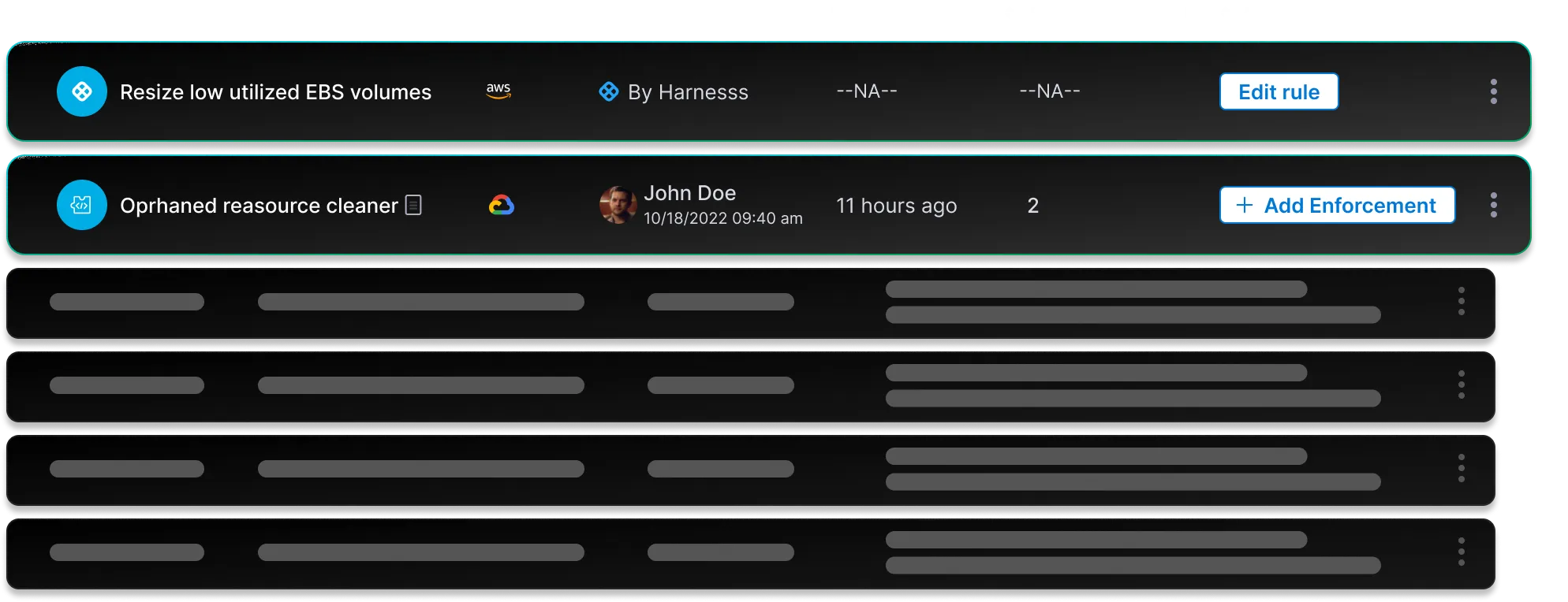 Dashboard showing two rules: 'Resize low utilized EBS volumes' by Harness with AWS icon and option to edit rule, and 'Orphaned resource cleaner' by John Doe with Google Cloud icon and option to add enforcement; four additional blurred rows below.