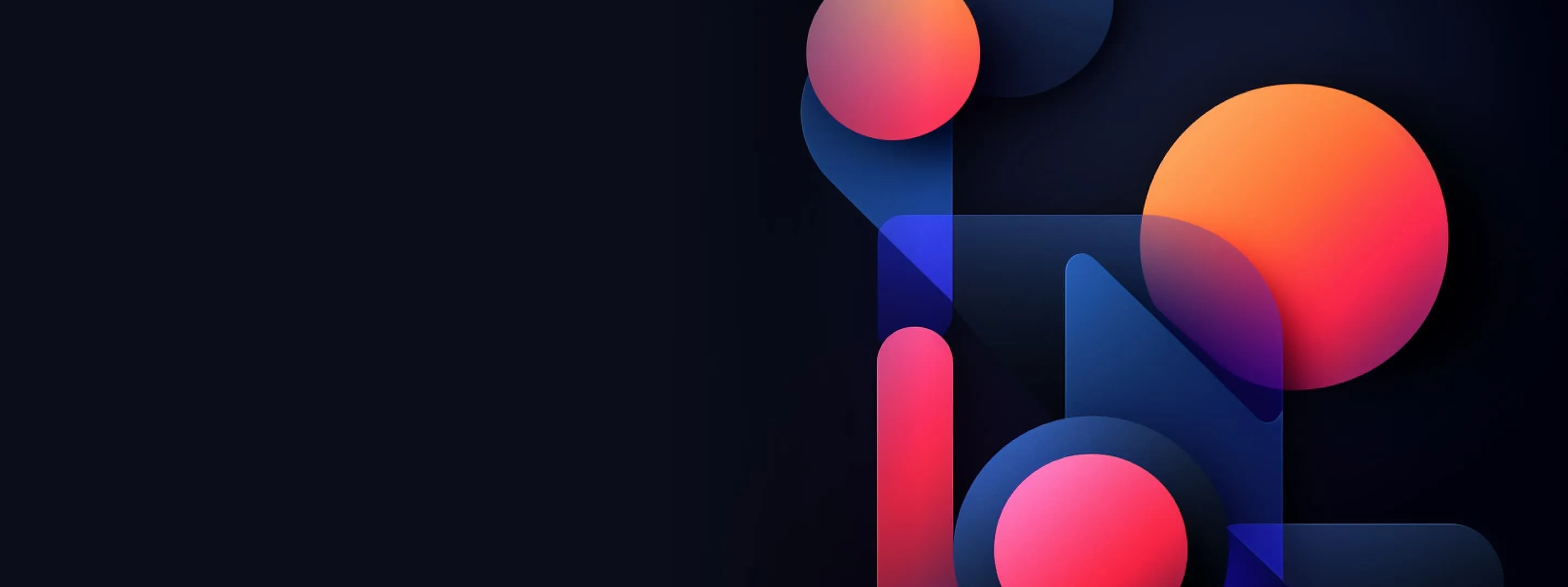 Abstract digital art with overlapping translucent blue shapes and vibrant red-orange spheres on a dark background.