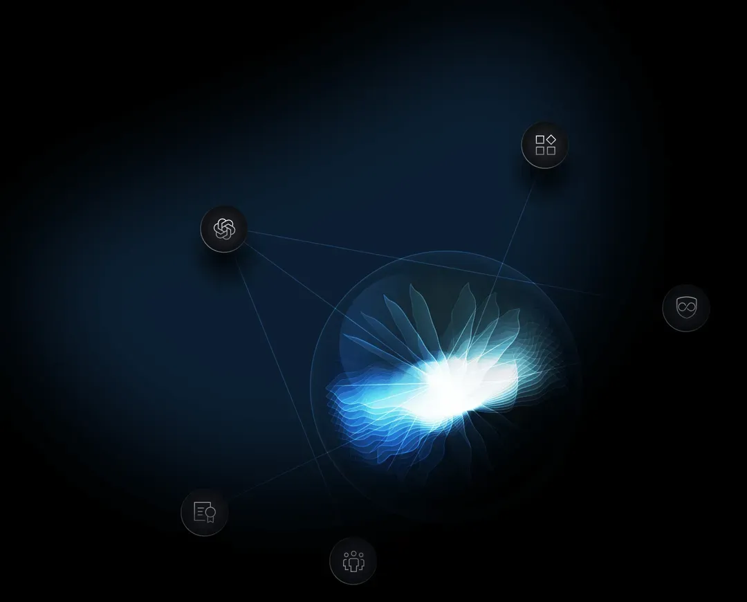 Glowing blue and white abstract wave shapes connected by lines to icons on a dark background.