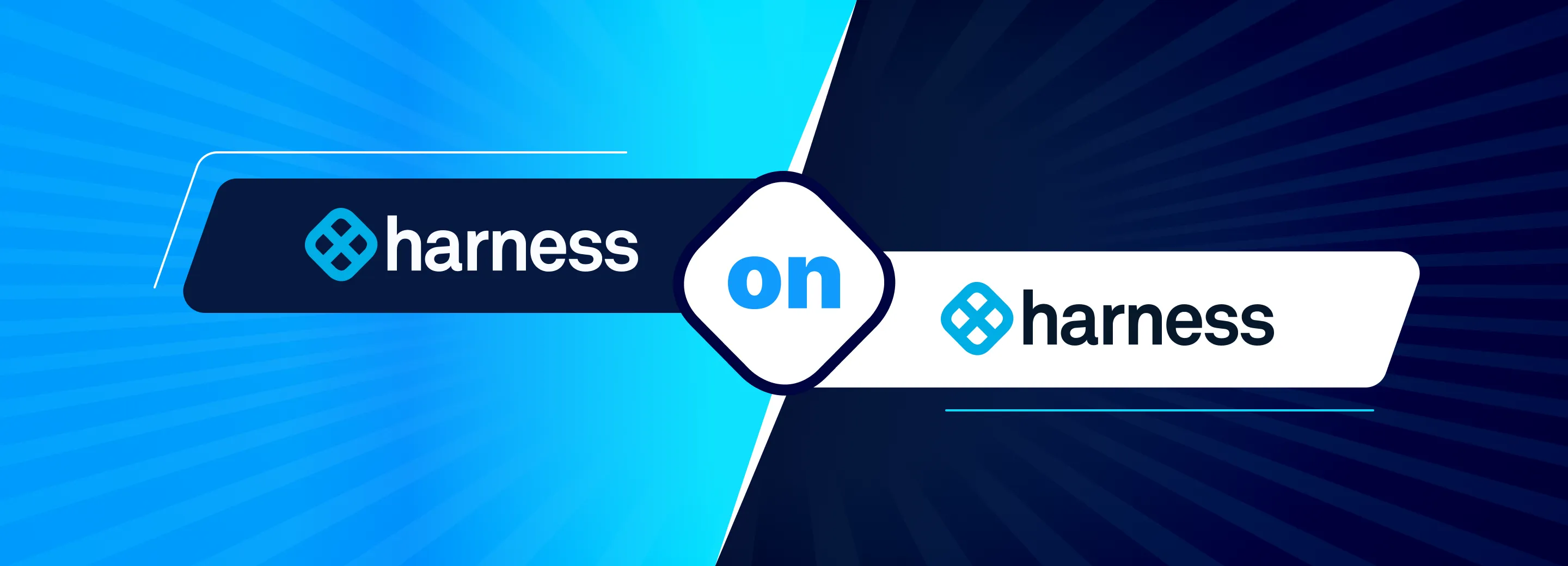 Graphic with Harness logo and text reading 'harness on harness' split by a diagonal line with blue gradient background.
