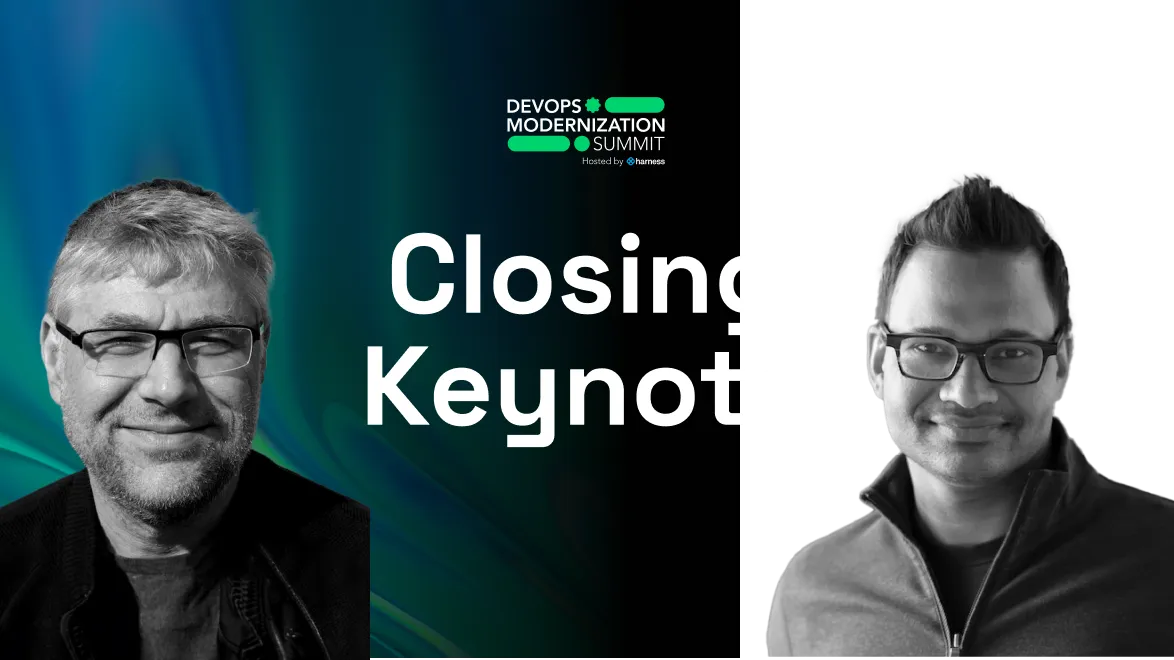 Two men wearing glasses smiling on either side of text that reads 'DevOps Modernization Summit Closing Keynote'.