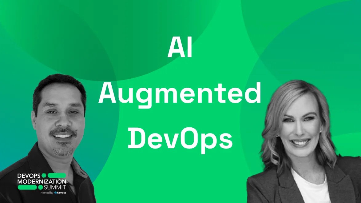 Promotional image for AI Augmented DevOps at DevOps Modernization Summit with portraits of a man and a woman on a green background.