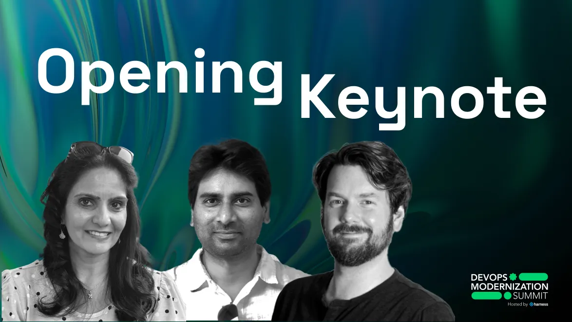 Banner with headline 'Opening Keynote' and black-and-white portraits of three smiling speakers with a blue-green abstract background; DevOps Modernization Summit logo at the bottom right.