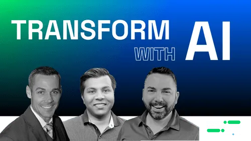 Three smiling men in front of a blue-green gradient background with the text 'TRANSFORM WITH AI' in bold white letters.