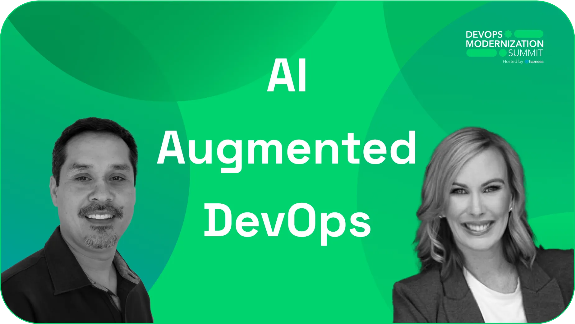 Promotional card for DevOps Modernization Summit featuring AI Augmented DevOps with photos of a man and a woman on a green background.