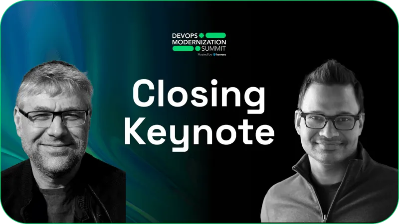 Banner for DevOps Modernization Summit Closing Keynote featuring black-and-white portraits of two men with glasses against a dark abstract background.