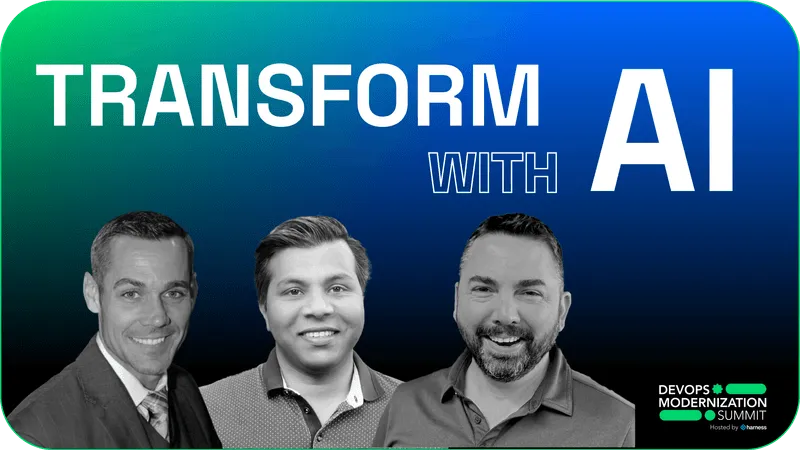 Banner with text 'Transform with AI' above grayscale portraits of three smiling men and DevOps Modernization Summit logo at bottom right.