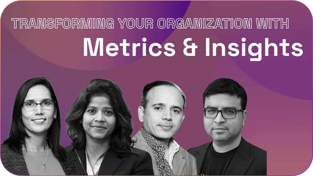 Four professionals standing in front of a purple background with the text 'Transforming your organization with Metrics & Insights'.