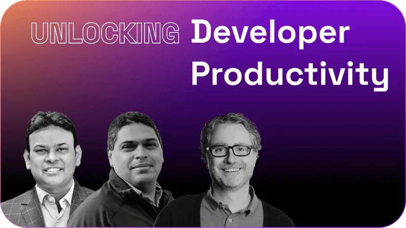 Banner with three men smiling and text 'Unlocking Developer Productivity' on a purple gradient background.