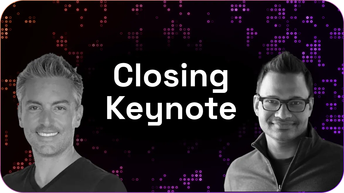 Portraits of two smiling men on a dark background with pink and orange digital dots with the text 'Closing Keynote' in white in the center.