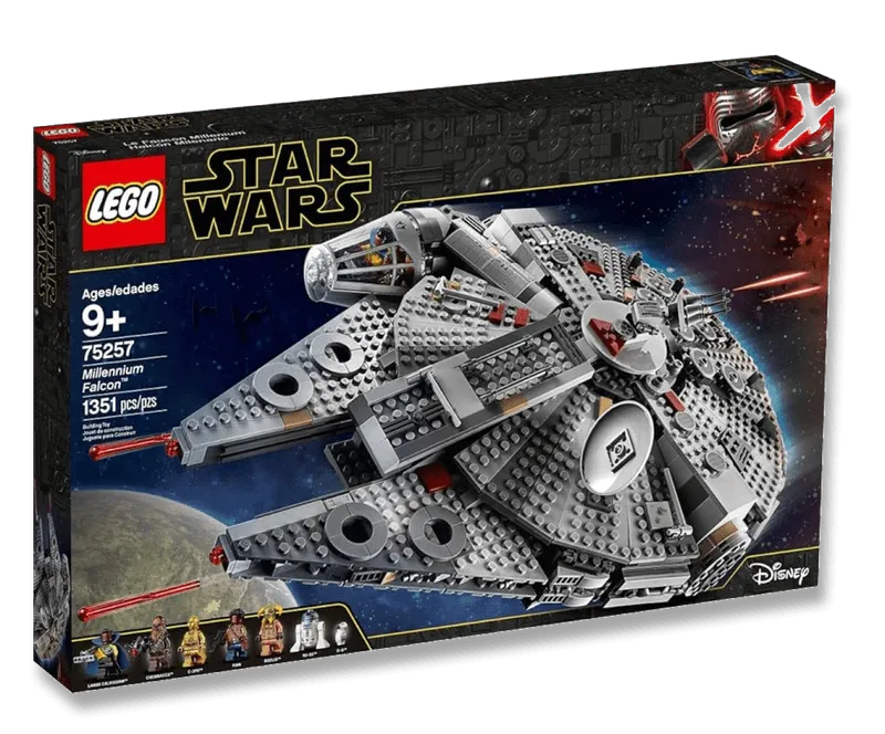 LEGO Star Wars Millennium Falcon building set for ages 9+, featuring 1351 pieces and minifigures of Lando Calrissian, Chewbacca, C-3PO, Finn, Rose, R2-D2, and BB-8.