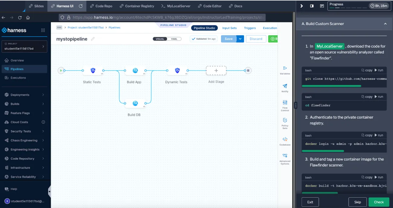 Harness UI showing a pipeline named 'mystopipeline' with stages for Static Tests, Build App, Build DB, Dynamic Tests, and Add Stage, alongside a side panel with instructions for building a custom scanner using Flawfinder.