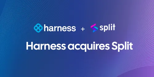 Harness and Split logos with text announcing Harness acquires Split on a blue to purple gradient background.