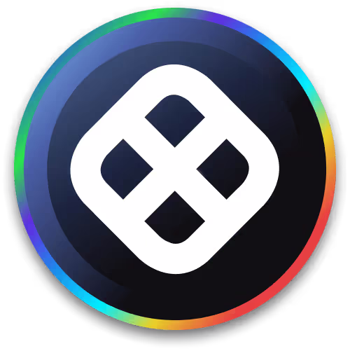White stylized diamond shape with four curved square cutouts inside on a dark circular background with a rainbow-colored outer ring.