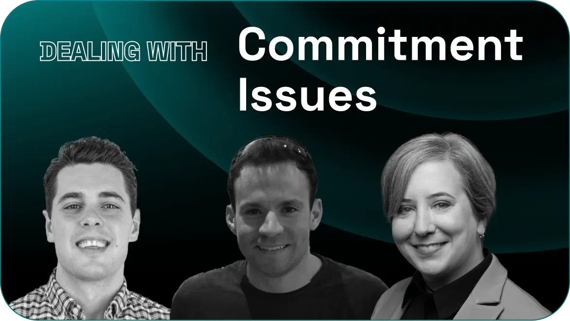 Header image with text 'Dealing with Commitment Issues' showing black and white photos of two men and one woman smiling against a dark abstract background.