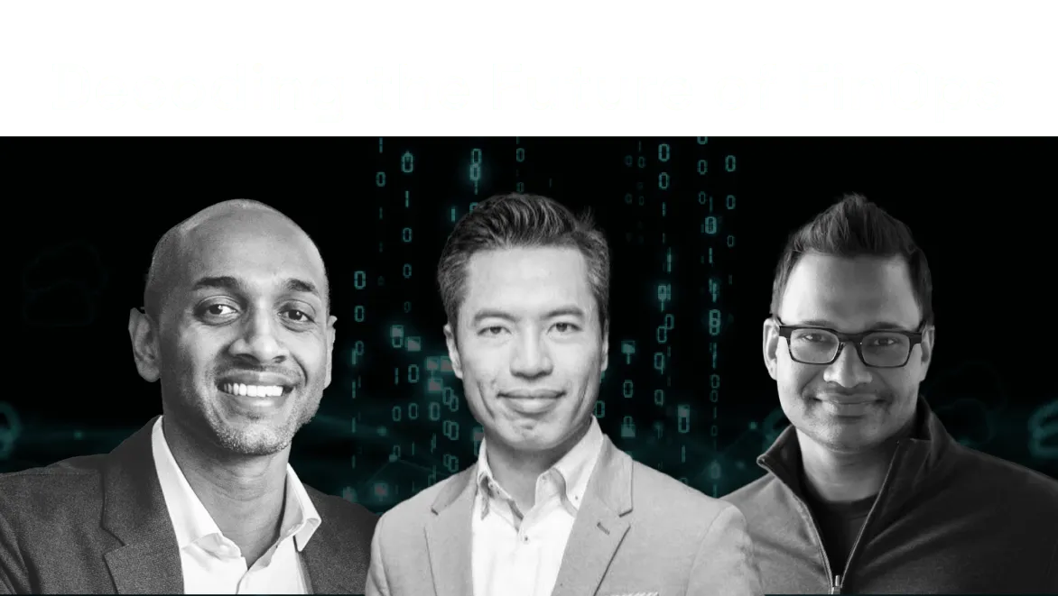 Three men in business attire standing side by side in front of a digital binary code background with the text 'Decoding the Future of FinOps.' above them.