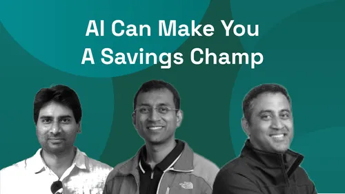 Header text 'AI Can Make You A Savings Champ' above three smiling men standing side by side against a teal green background.