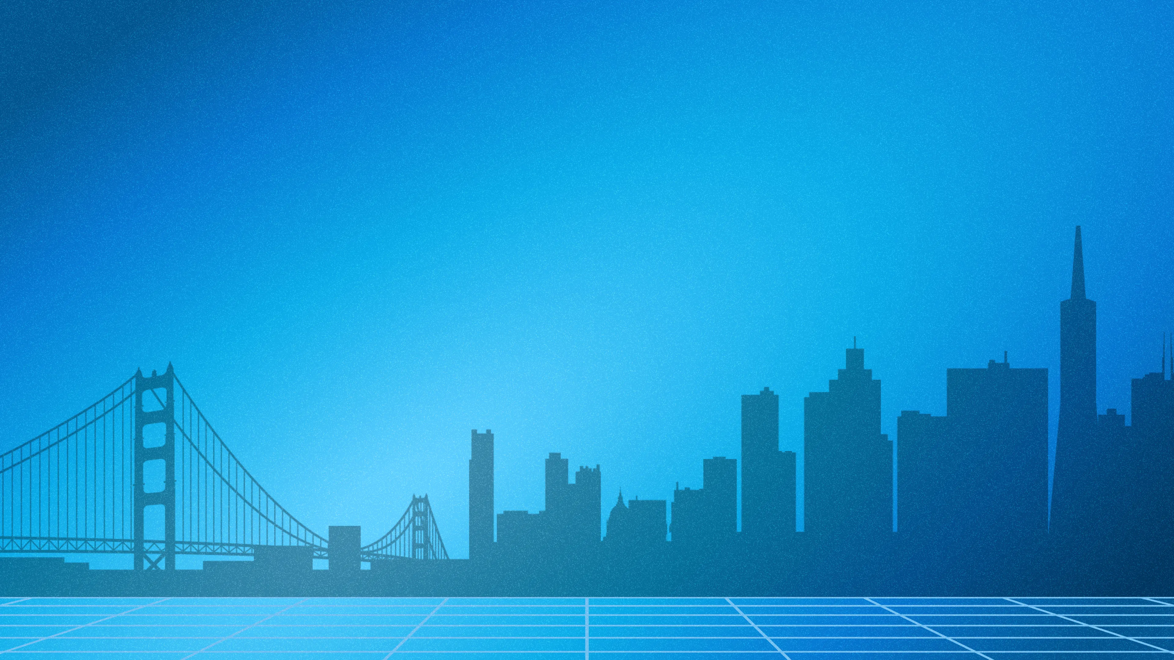 Blue-toned digital illustration of San Francisco skyline with Golden Gate Bridge and grid pattern foreground.