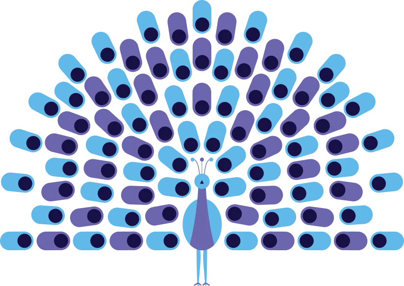 Stylized illustration of a peacock with a large, fanned-out tail in shades of blue and purple.