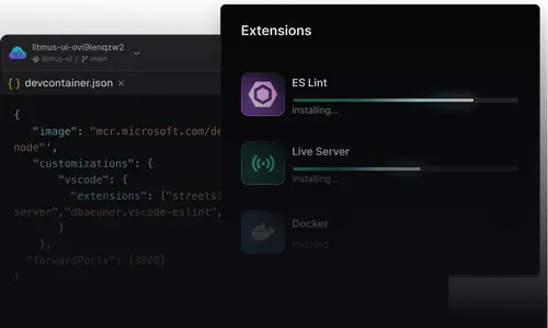 VS Code window showing devcontainer.json file and Extensions pane with ES Lint and Live Server installing and Docker installed.