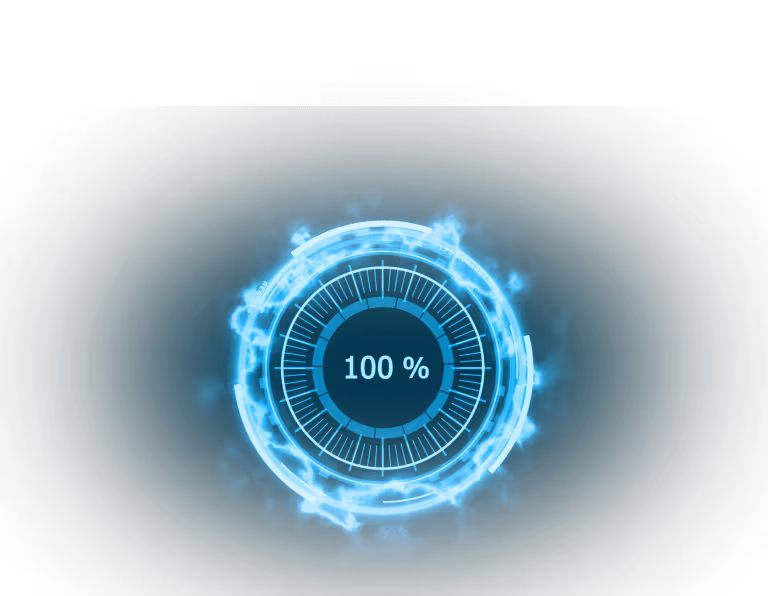 Futuristic blue circular progress indicator showing 100% completion.