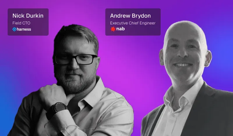 Portraits of Nick Durkin, Field CTO at Harness, and Andrew Brydon, Executive Chief Engineer at NAB, with a purple and blue gradient background.