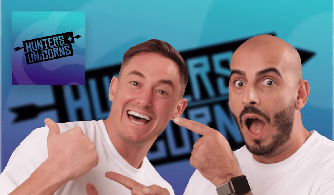 Two men wearing white shirts against a blue background with a 'Hunters + Unicorns' logo; one man is smiling widely and the other looks surprised.
