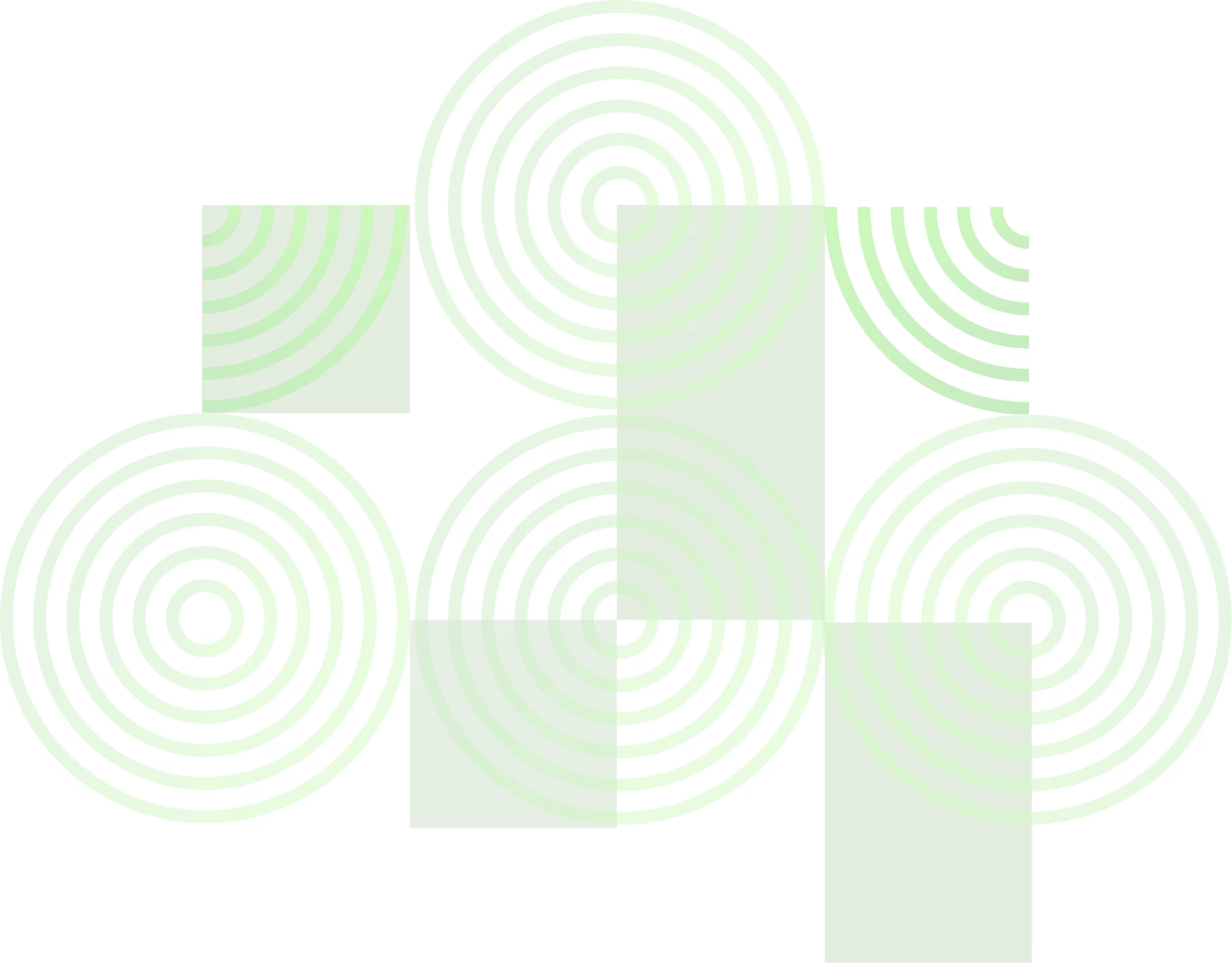 Abstract design of overlapping green rectangles and green concentric circles on a black background.