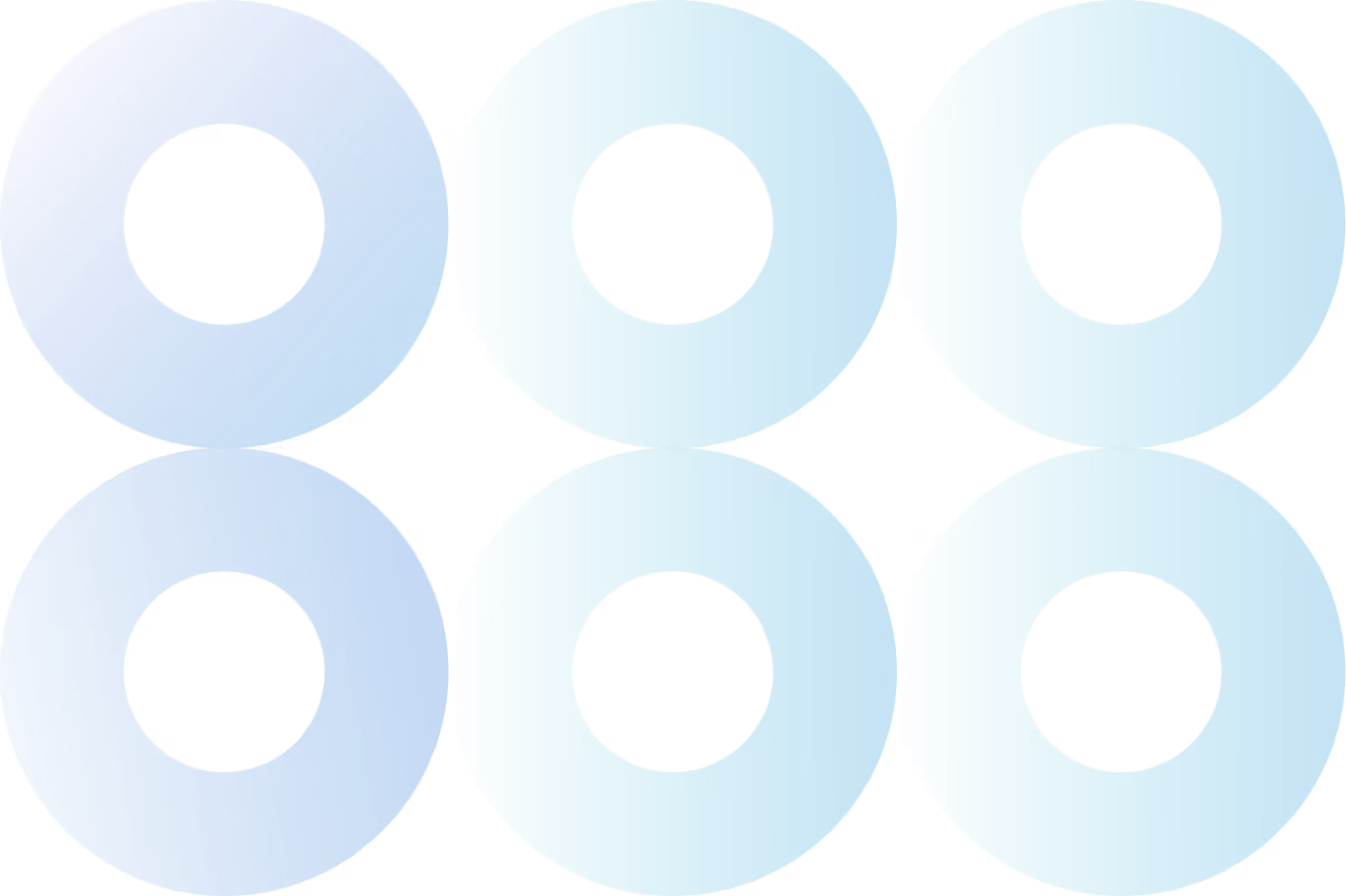 Six blue gradient rings arranged in two rows of three each, connected by thin gray lines forming a network-like structure.