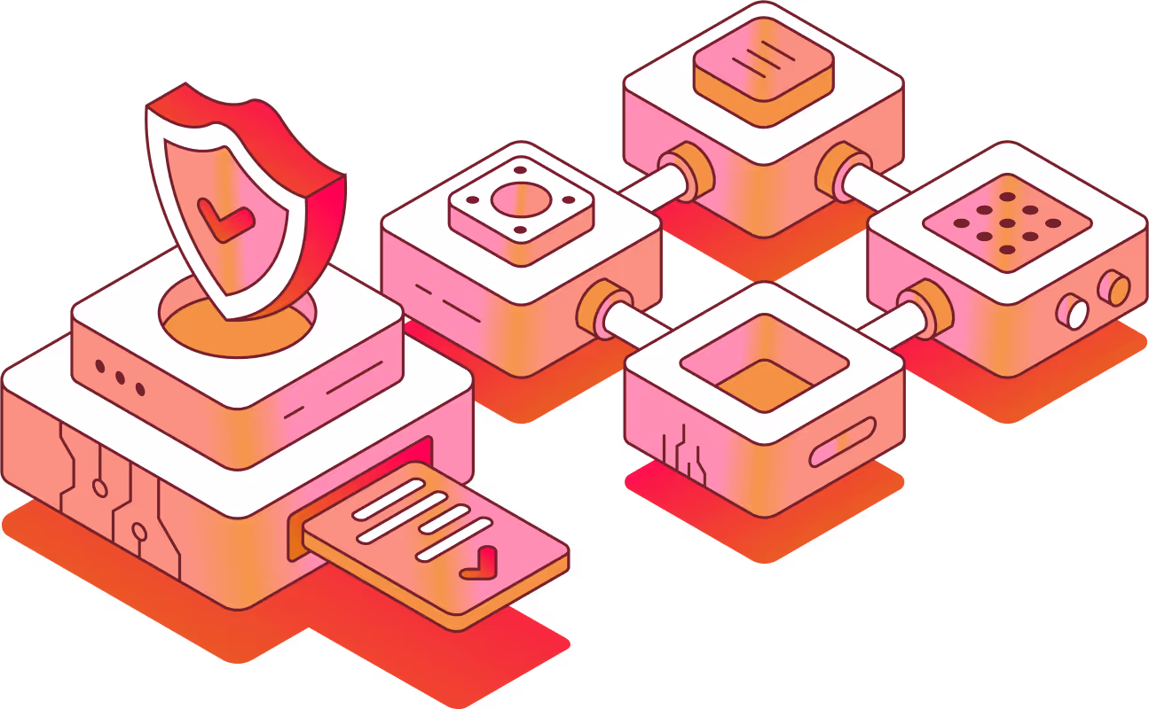 Isometric illustration of interconnected pink and orange blocks with a shield and checkmark symbolizing data security and verification.