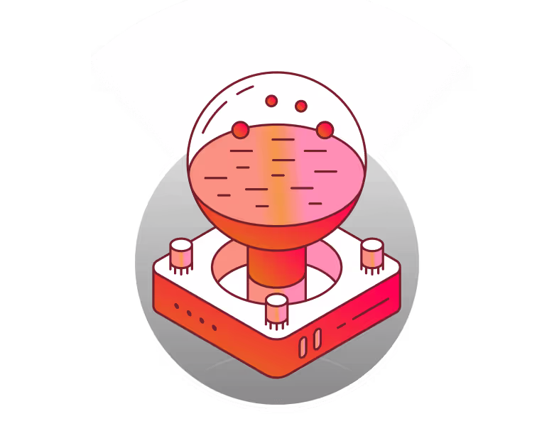 Stylized orange and pink futuristic device with a dome containing floating spheres above a square base with four cylindrical components.